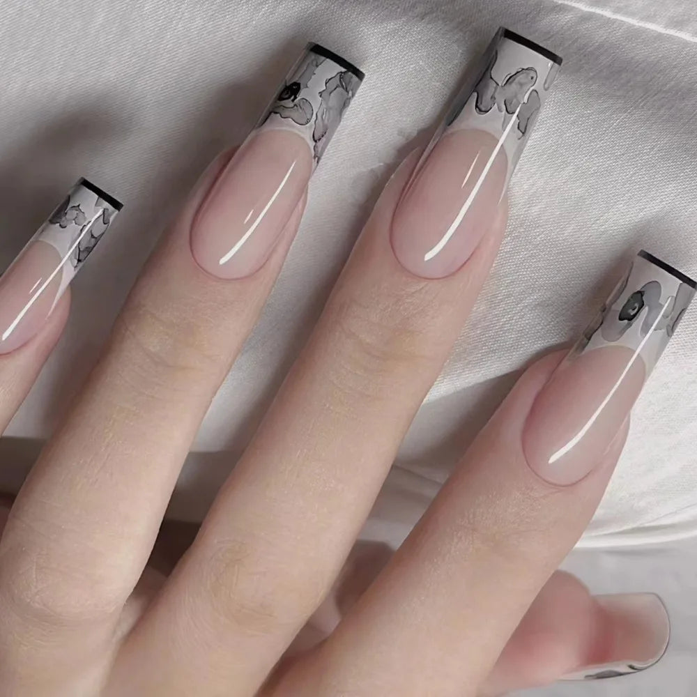 24pcs Long Ballet Fake Nails French Gradient False Nail Waterproof Faux Fingernails Red Snake Pattern Design Press on Nail Tips