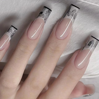 24pcs Long Ballet Fake Nails French Gradient False Nail Waterproof Faux Fingernails Red Snake Pattern Design Press on Nail Tips