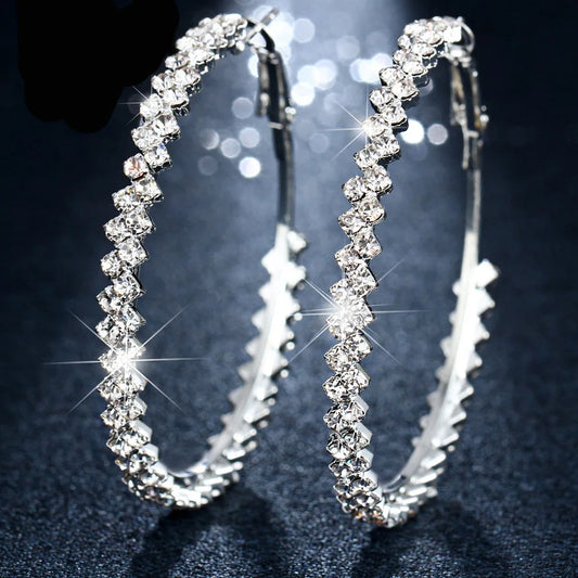 BLIJERY  Wave Shape Rhinestone Big Circle Earrings for Women Silver Color Crystal Round Hoop Earrings occasions Party Jewelry