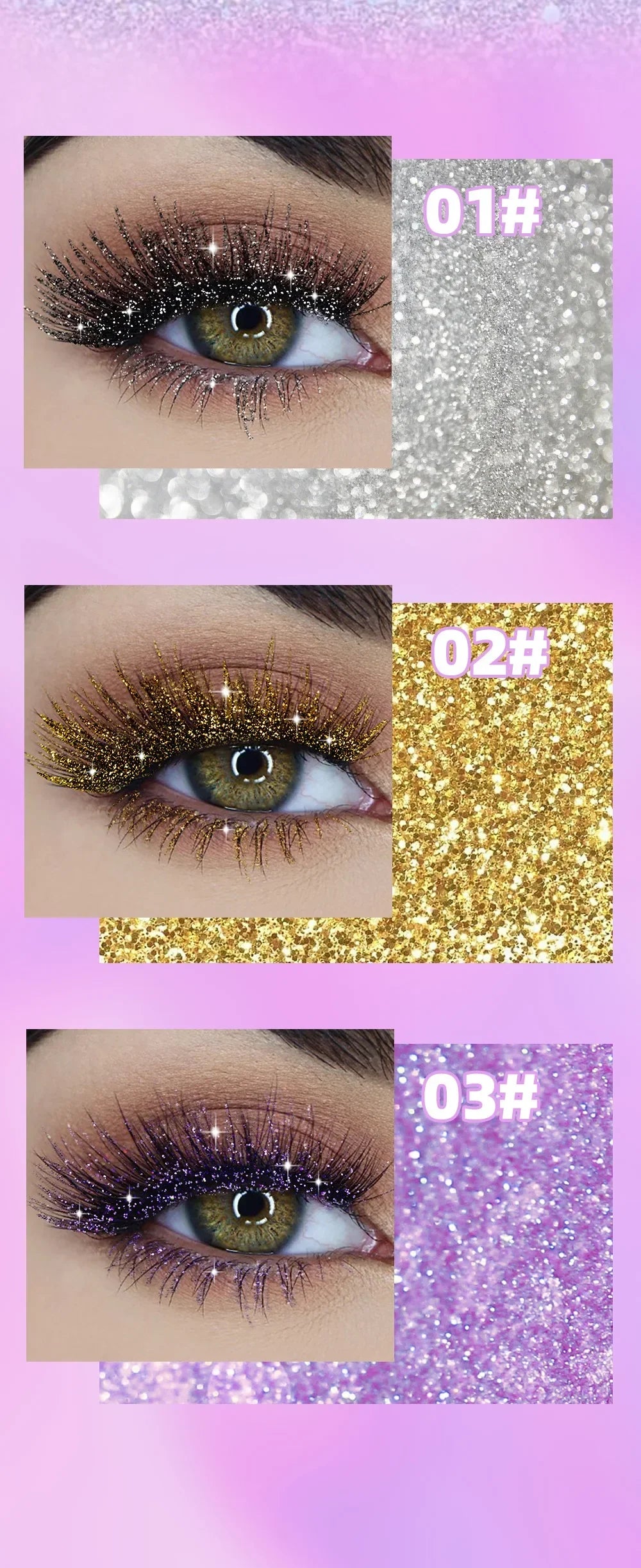 Sliver Gold Purple Diamond Glitter Mascara Quick Dry Long Lasting Waterproof Curling Thick Shiny Eyelash Sexy Mascara Makeup