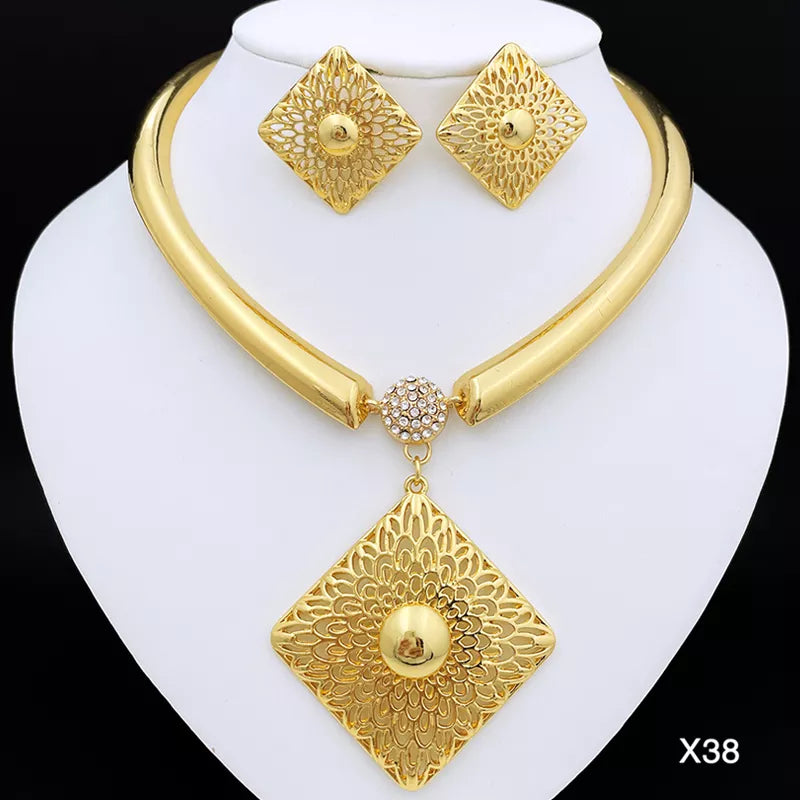 Gold Color Dubai Jewelry Necklace Earrings Set For Women Square Shape Pendant Bride Wedding Party Gift