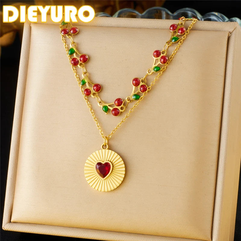 DIEYURO 316L Stainless Steel cherry Circular Inlaid Red Heart Zircon Double-layer Necklace WomensTrend Neck Chain Jewelry Gift