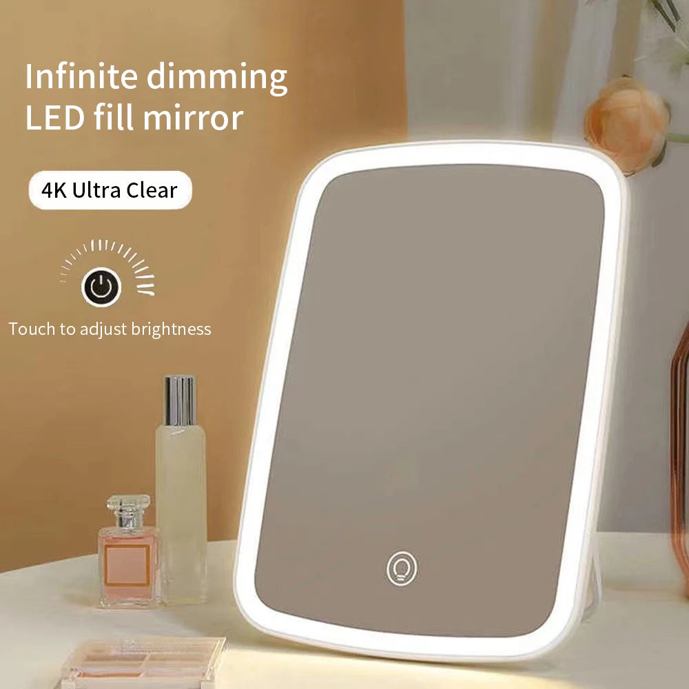 LED Makeup Mirror with Stand Desktop Folding Compact White Square Travel Cosmetic Mirror With light Student Makeup Mirror