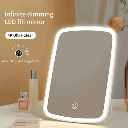 LED Makeup Mirror with Stand Desktop Folding Compact White Square Travel Cosmetic Mirror With light Student Makeup Mirror