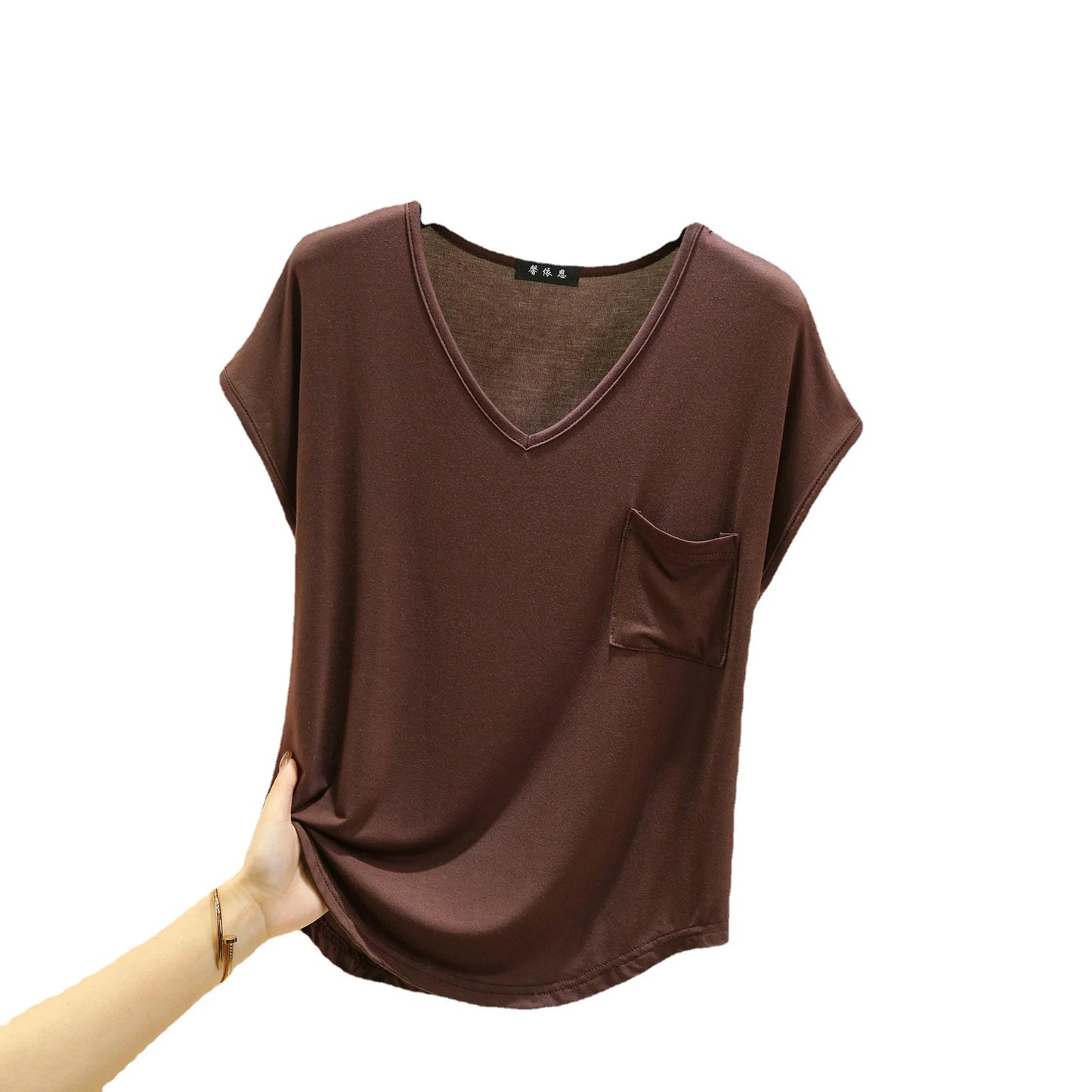 Summer Thin Tshirts V-Neck short sleeves Women Modal Loose T-Shirt with pocket Solid color Plus size Basic Tee Tops