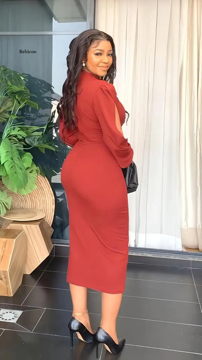 Elegant Women Slim Dress Fashion Round Neck Hollow Out Sleeve Bodycon Midi Dress Pencil Dress - Polyester