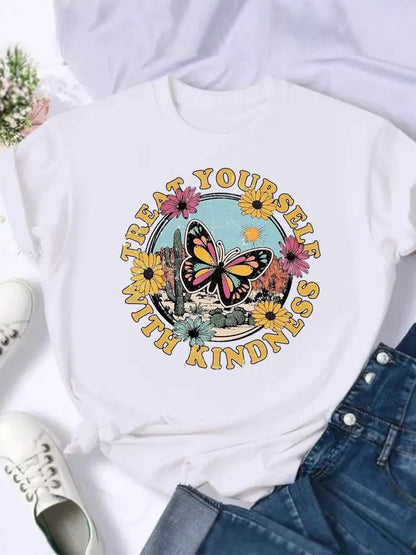 Women's European and American Clothing Butterfly Letter Printed Short-sleeved T-shirt Tops  Graphic T Shirts  Harajuku
