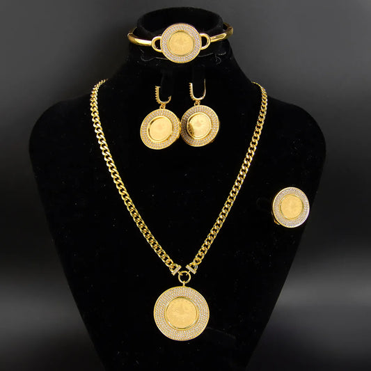 Turkish Coin Gold Jewelry Set 24k Gold Plated Zircon Luxury Necklace Set Middle East Dubai Full Set Wedding Party Accessories