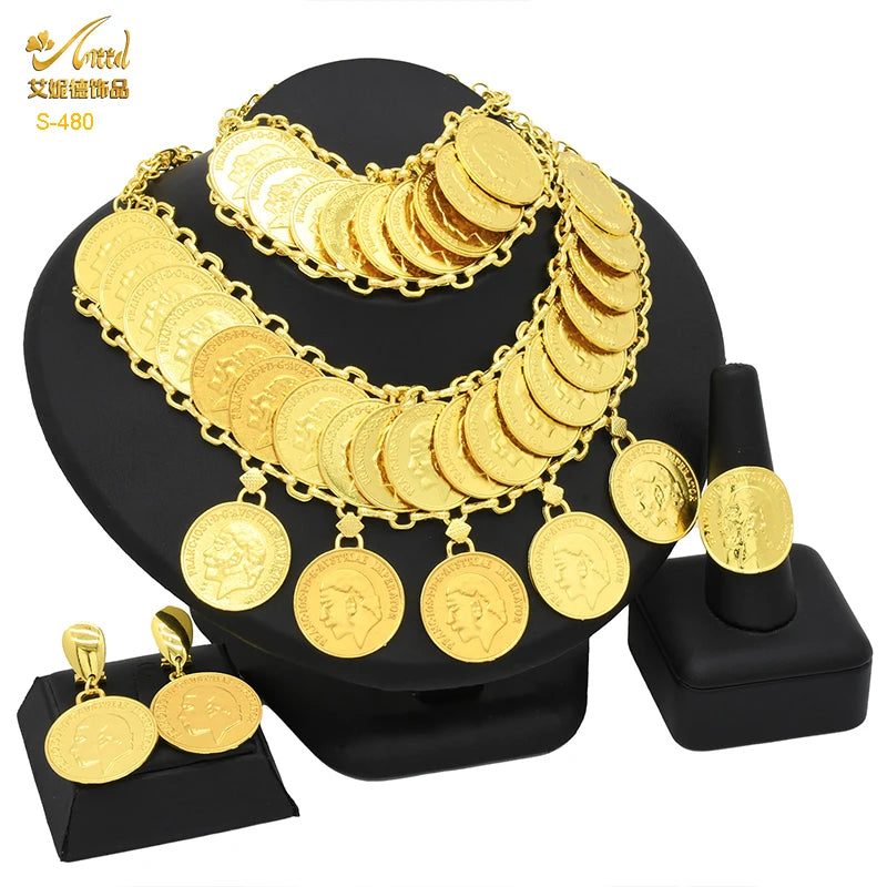 ANIID Dubai Gold Color Coin Necklace Bracelet Jewelry Sets For Women African Ethiopian Bridal Wedding Luxury Jewellery Gifts