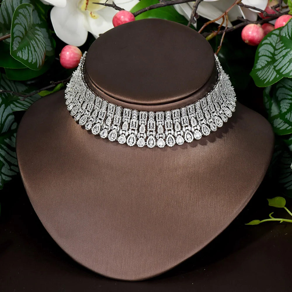 HIBRIDE Sparkling Water Drop Charms 4Pcs Statement Necklace Earring Bracelet Ring Set Luxury Nigerian Dubai Jewelry Sets