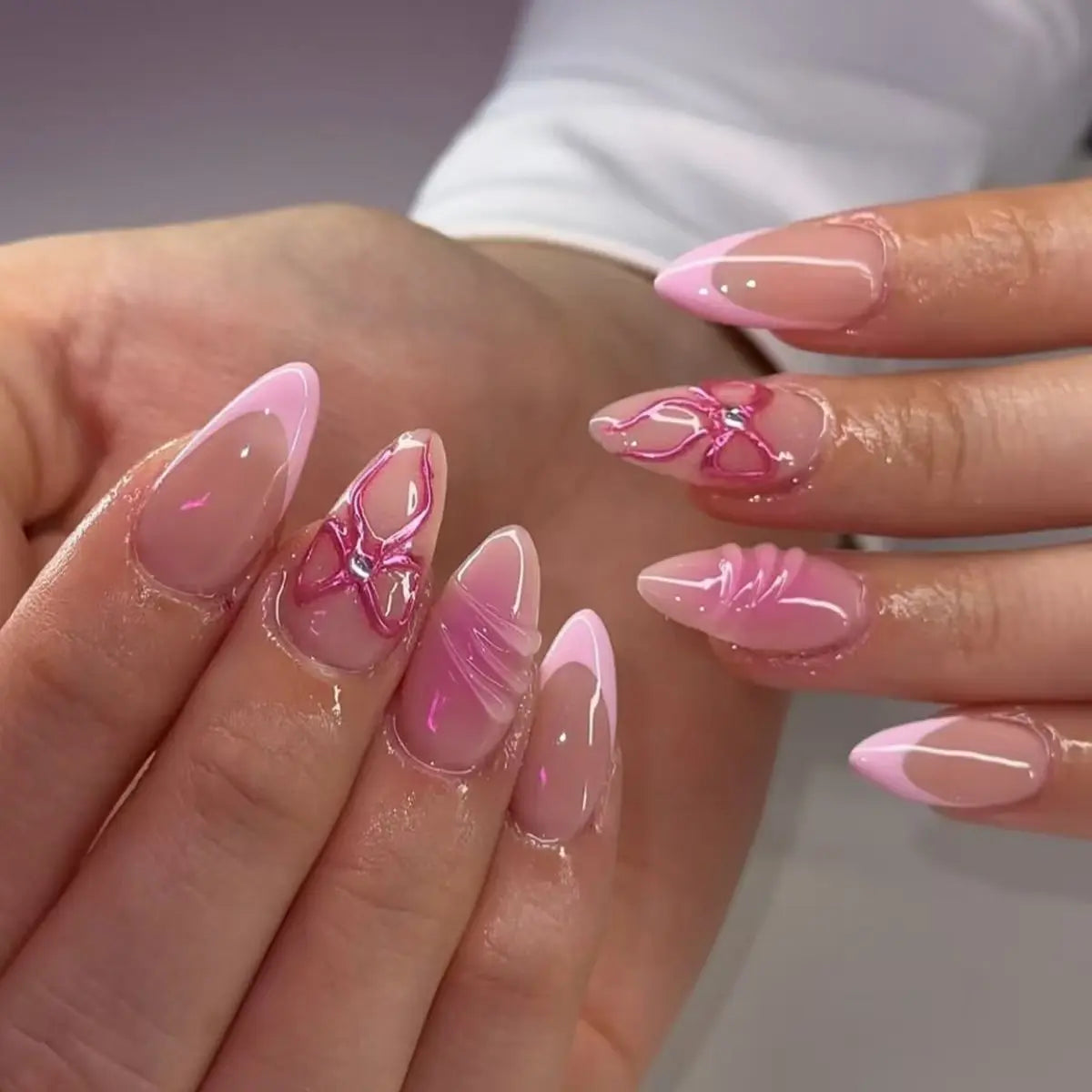 24pcs French Almond Press on Nails Valentine's Day False Nails 3D Bow knot Wearable Stick-on Nails Fake Nail