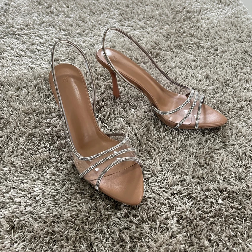 Women Summer Rhinestone Slingback Pumps Office Lady Transparent Heeled Sandals Elegant Pointed Toe Female Sexy High Heels