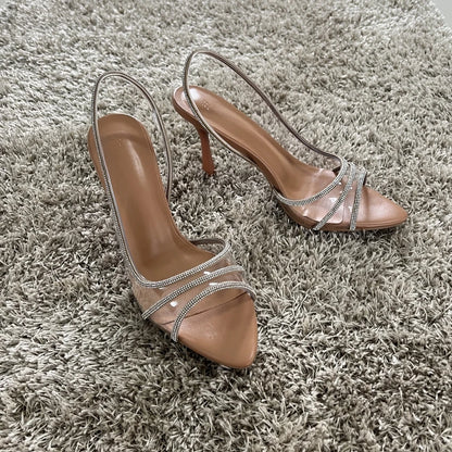 Women Summer Rhinestone Slingback Pumps Office Lady Transparent Heeled Sandals Elegant Pointed Toe Female Sexy High Heels