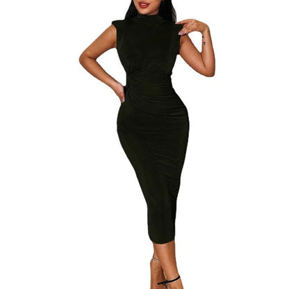 Summer Sleeveless Long Dress Women 2023 Half High Collar Elegant Office Lady Dress Sexy Bodycon Folds Slim Evening Party Dresses
