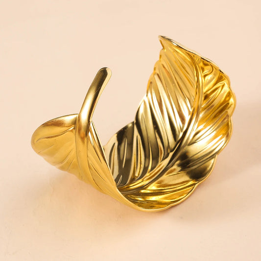 Fashion Wide Leaf Style Stainless Steel Bangle Bracelet, Adjustable Size Women's Exaggerated Gold Color Opening Bracelet