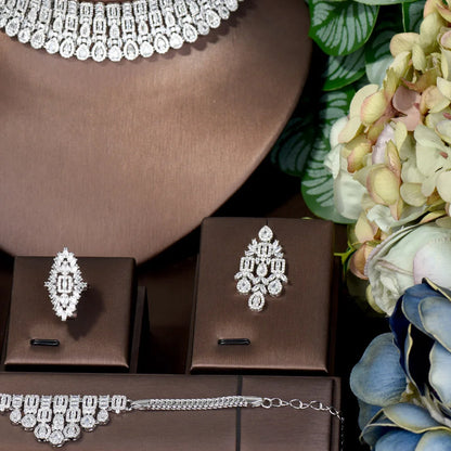 HIBRIDE Sparkling Water Drop Charms 4Pcs Statement Necklace Earring Bracelet Ring Set Luxury Nigerian Dubai Jewelry Sets