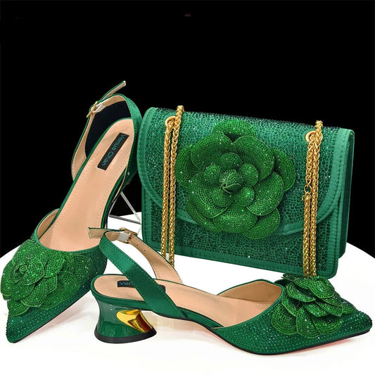 Venus Chan Shoes for Women Low Heel Rhinestone Paired With Handmade Petal Pointed-Toe Italian Shoes and Bags Matching Set