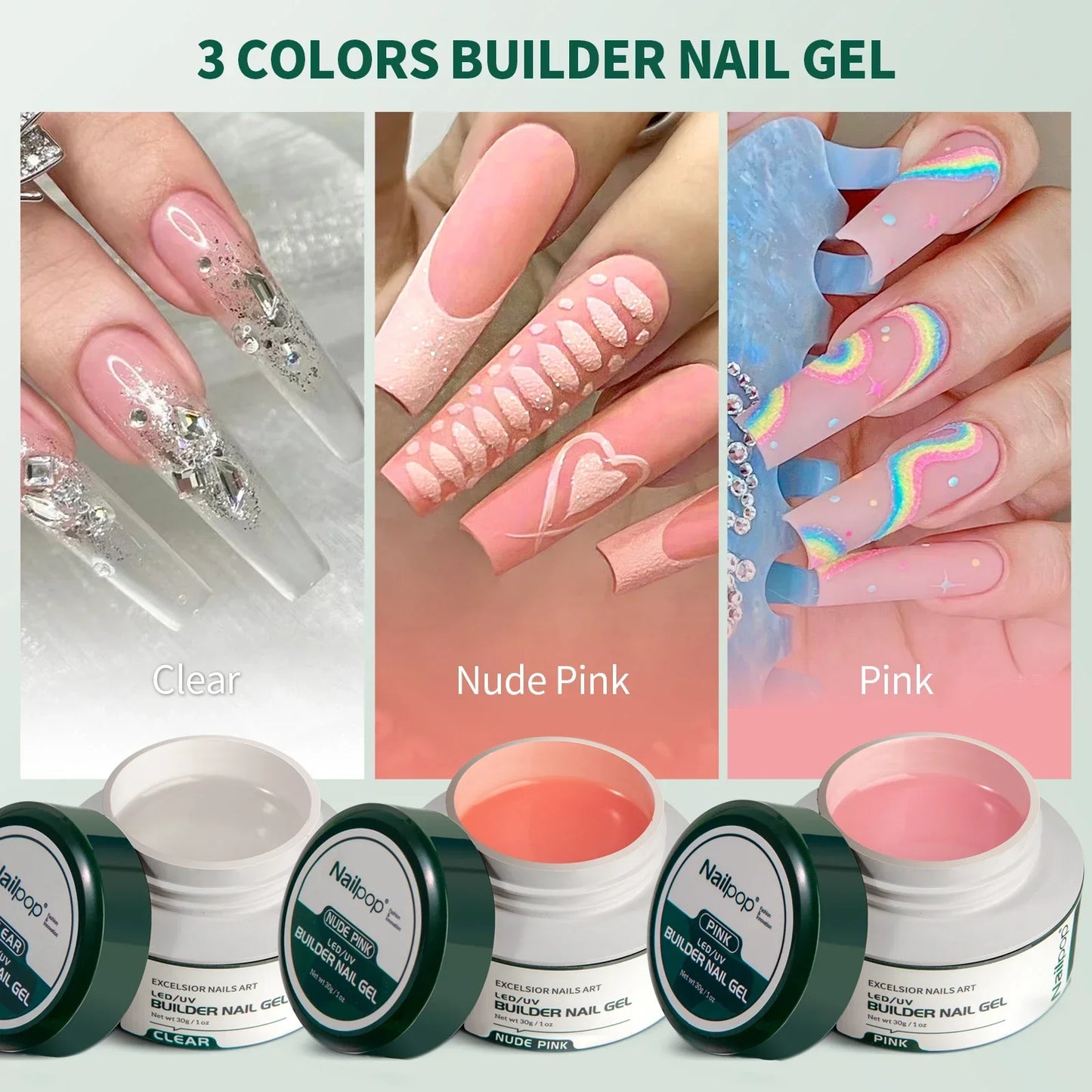 NAILPOP LED/UV Builder Nail Gel 3 Colors Nail Extension Gel Kit Nude Pink Clear Hard Gel Builder Nail Strengthener Manicure Set