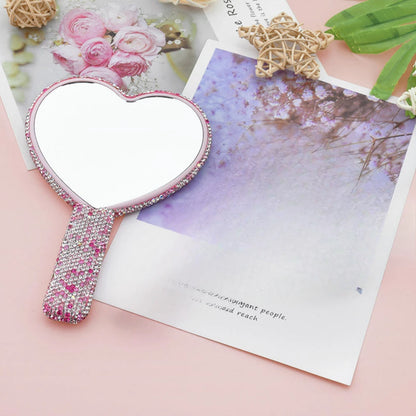 Diamond Handheld Makeup Mirror Love Heart Mirror Female Handle Makeup Cosmetic Beauty Tools Handheld Vanity Girls Make Up Mirror