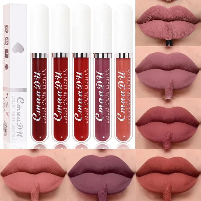 Waterproof Matte Nude Lip Gloss Brown Nude Pigment Dark Red Long Lasting Velvet Liquid Lipstick Women Makeup Lip Glaze 3Pcs/Set