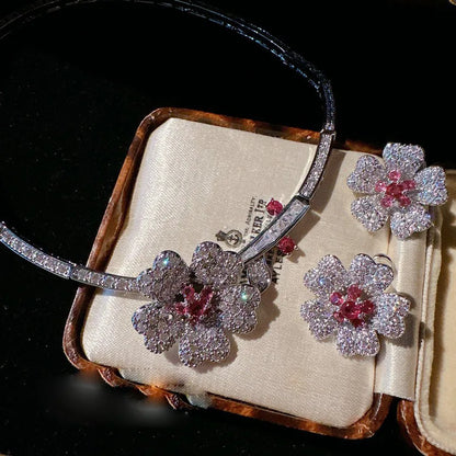 Women Papalacha Flower Gem Necklace Plated with 18K Peach Zircon Ring