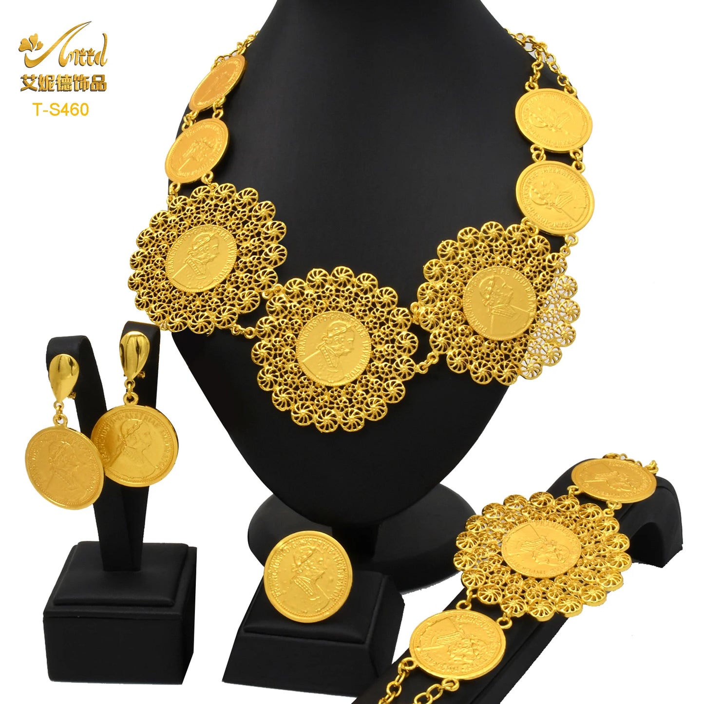 ANIID Dubai Gold Color Coin Necklace Bracelet Jewelry Sets For Women African Ethiopian Bridal Wedding Luxury Jewellery Gifts