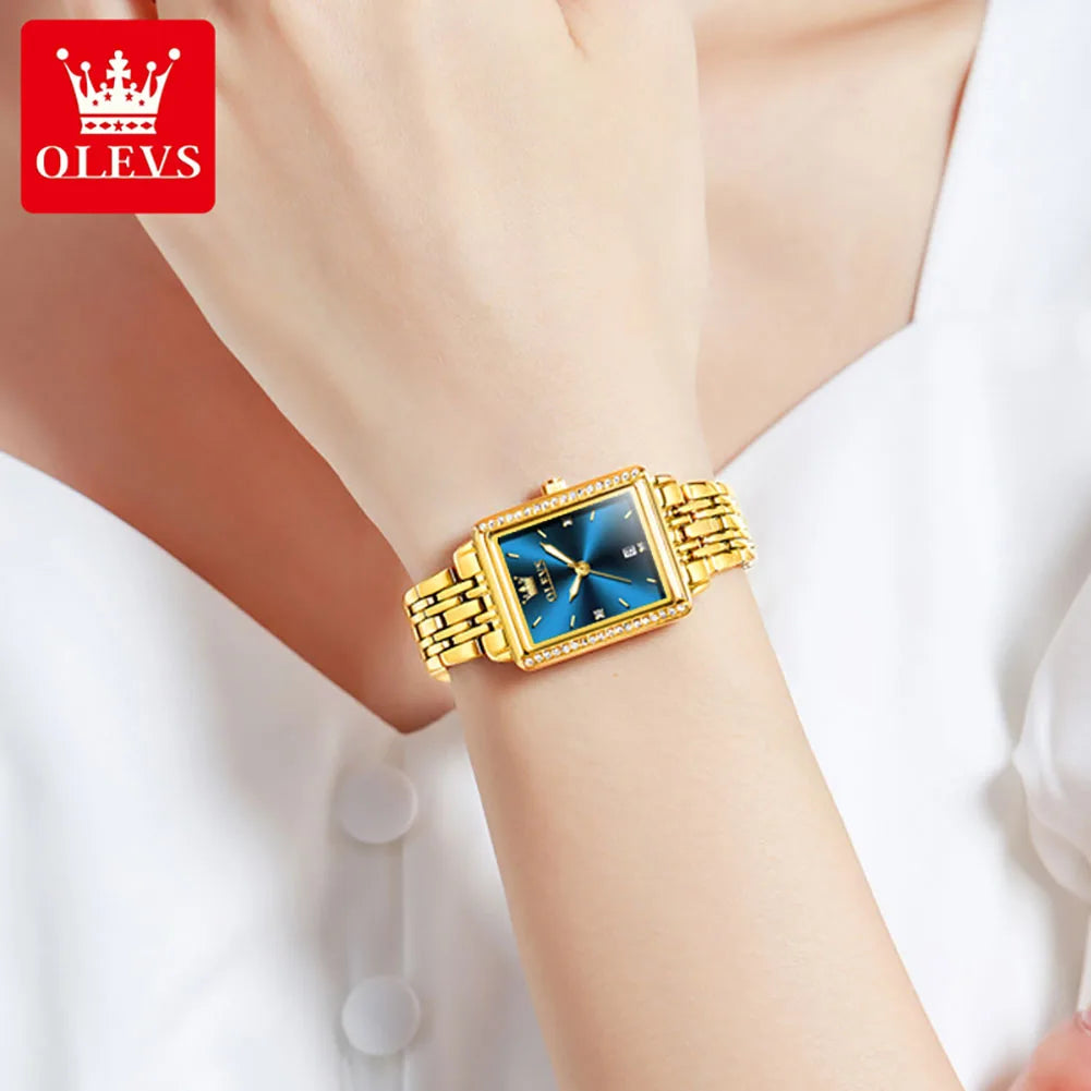 OELVS New Luxury Lady's Watches Elegant Gold Rectangular Dial Quartz Watch Diamond Bracelet Gift Box Set Original Female Watch