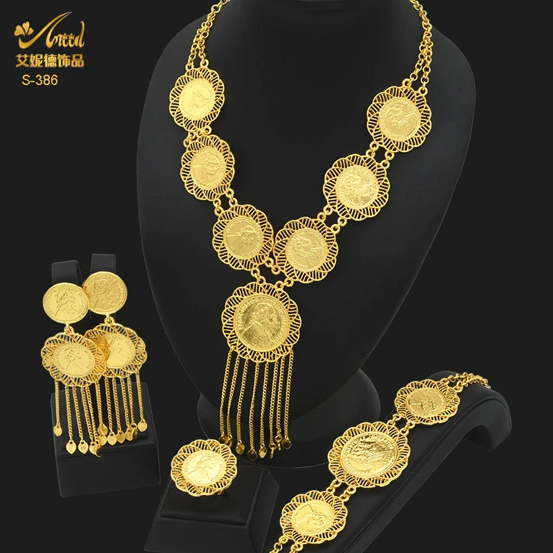 ANIID Dubai Gold Color Coin Necklace Bracelet Jewelry Sets For Women African Ethiopian Bridal Wedding Luxury Jewellery Gifts