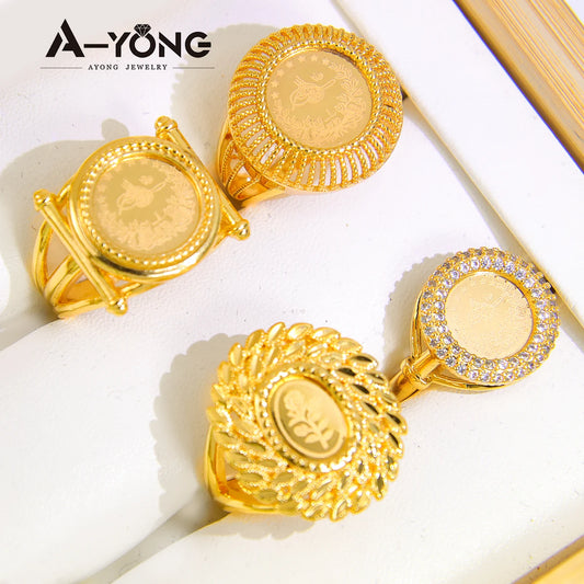 AYONG Turkish Gold Coin Rings 18k Gold Plated Dubai African Saudi Arabia Women Wedding Party Accessories