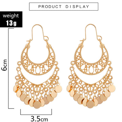 Docona Gypsy Gold Color Hollow Leaf Coin Pendant Earrings for Women Metal Long Tassel Drop Dangle Earring Pendientes 6643