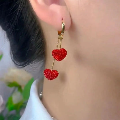 Exquisite Red Heart Sweet Cute Personality Zircon Gold Color Dangle Earrings Women Daily Party Gift Jewelry