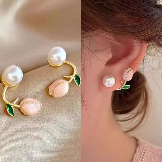 Sweet Fashion Enamel Pearl Tulip Flower Stud Earrings for Women  Zircon Back Hanging Earring Wedding Jewelry