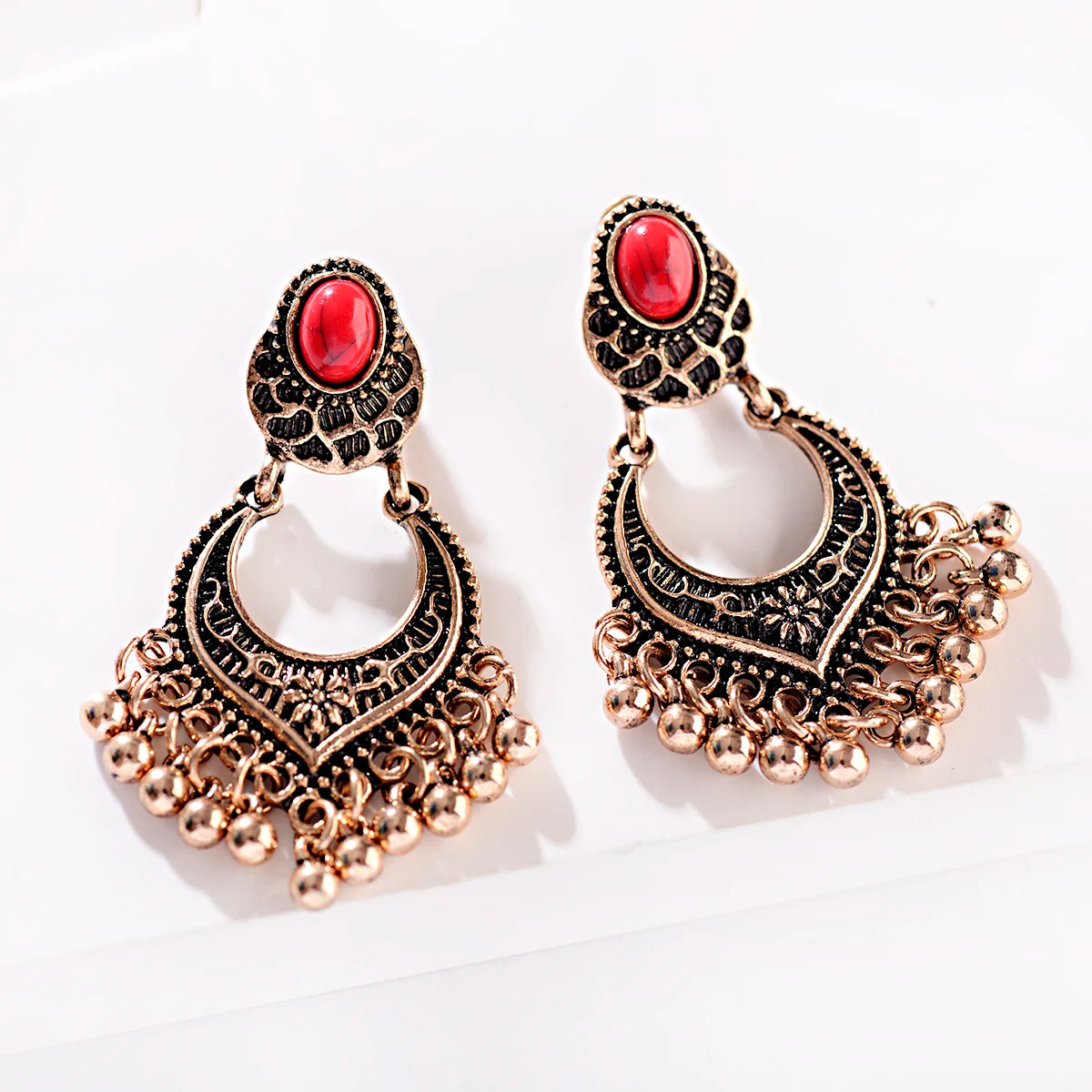 Ethnic Orange Beads Tassel Drop Earrings for Women Antique Gold Plated Geometric Pendientes Earring Boho Vintage Jewelry