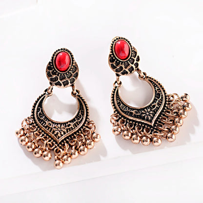 Ethnic Orange Beads Tassel Drop Earrings for Women Antique Gold Plated Geometric Pendientes Earring Boho Vintage Jewelry