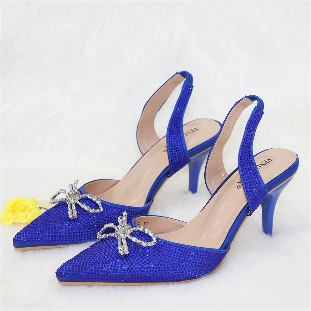 New Style Blue Color Elegant High Heels Popular Design Ladies Shoes Matching Bag Set