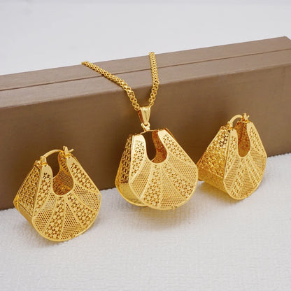 Fashion Dubai Jewelry Sets Gold Color Pendant Copper Classic Earrings Necklace For Women Daily Wear Party Anniversary Gifts