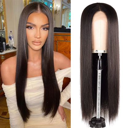 Synthetic Wig Lace Front Long Straight Hair Heat Resistant Quality Middle T Part Lace For Black Natural Women Silky Smooth