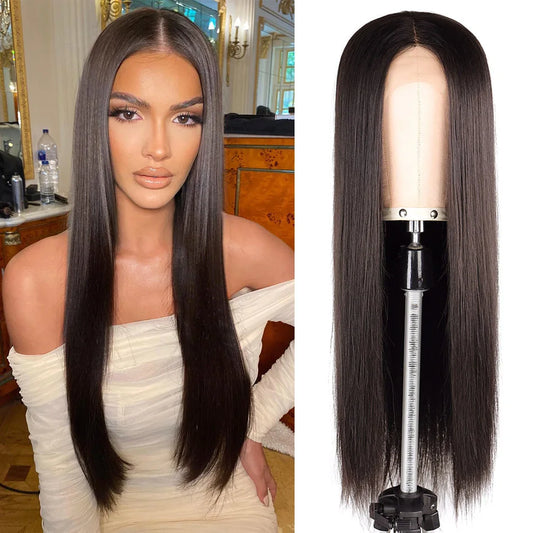 Synthetic Wig Lace Front Long Straight Hair Heat Resistant Quality Middle T Part Lace For Black Natural Women Silky Smooth