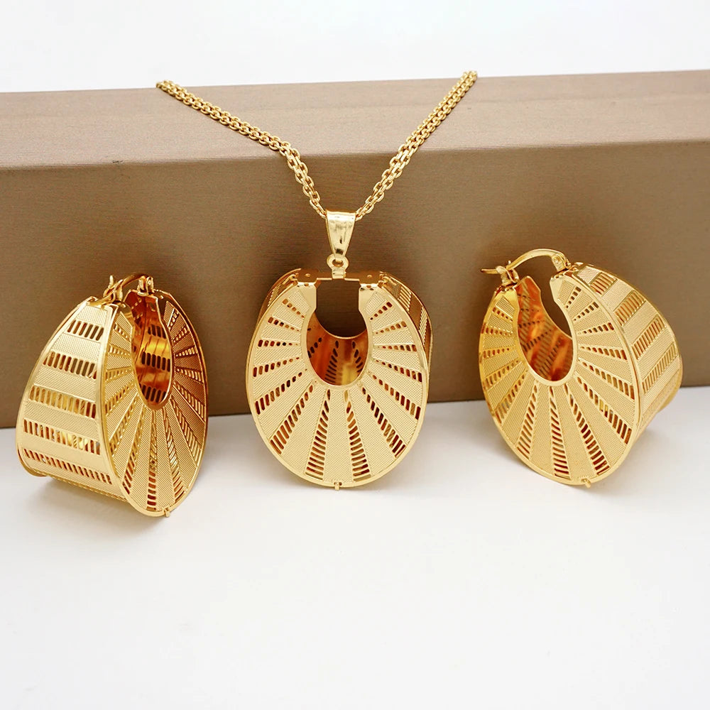 Fashion Dubai Jewelry Sets Gold Color Pendant Copper Classic Earrings Necklace For Women Daily Wear Party Anniversary Gifts