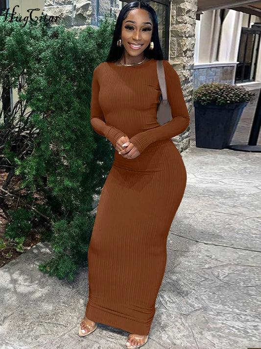 Hugcitar Ribbed O Neck Long Sleeves Elegant Sexy Bodycon Maxi Prom Dress 2022 Fall Winter Women Casual Streetwear Birthday Party
