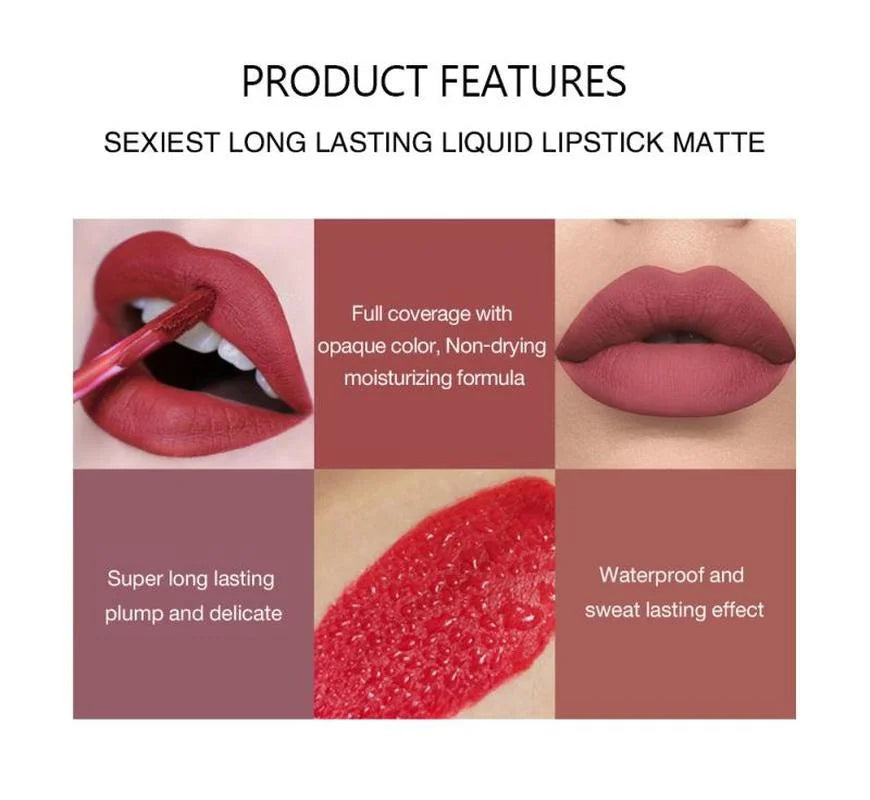 Colorful Matte Sexy Liquid Lipstick Long Lasting Waterproof Lip Cosmetic Keep 24 Hours Lip Makeup Velvet Lip Gloss for Women