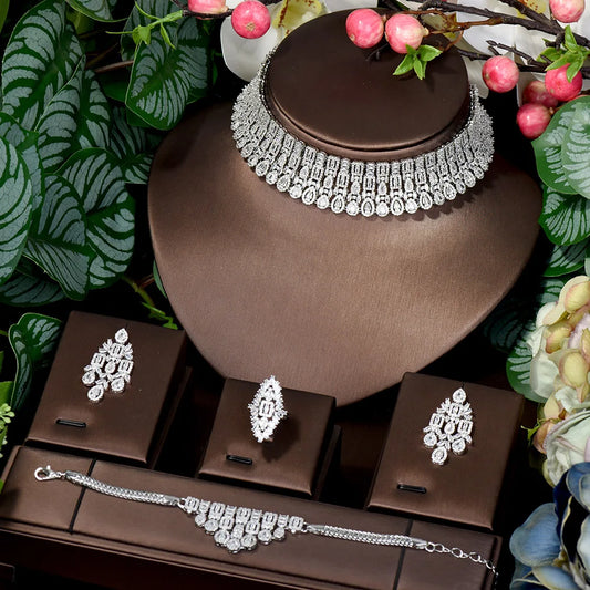 HIBRIDE Sparkling Water Drop Charms 4Pcs Statement Necklace Earring Bracelet Ring Set Luxury Nigerian Dubai Jewelry Sets