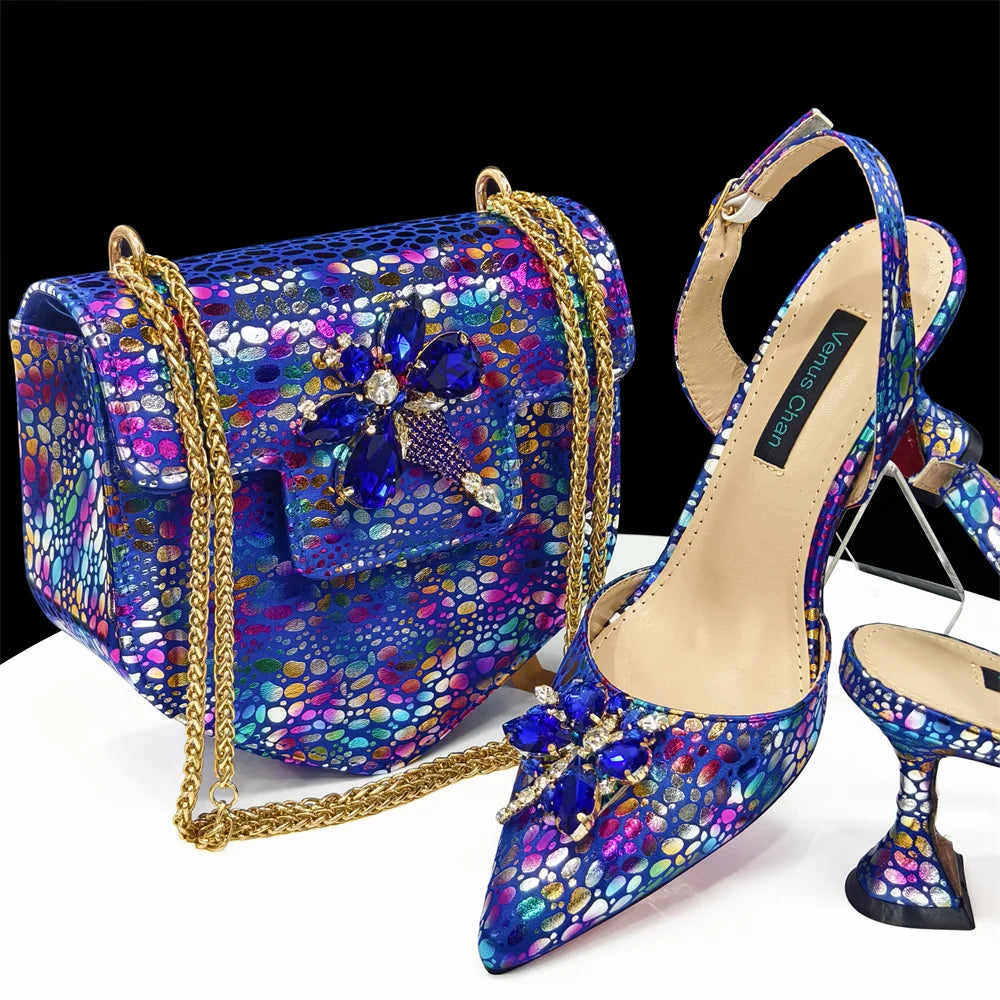 Spring New Arrivals Italian Design Shoes and Bag Set in Colored drawing Color Pointed Toe Comfortable Heels for Party