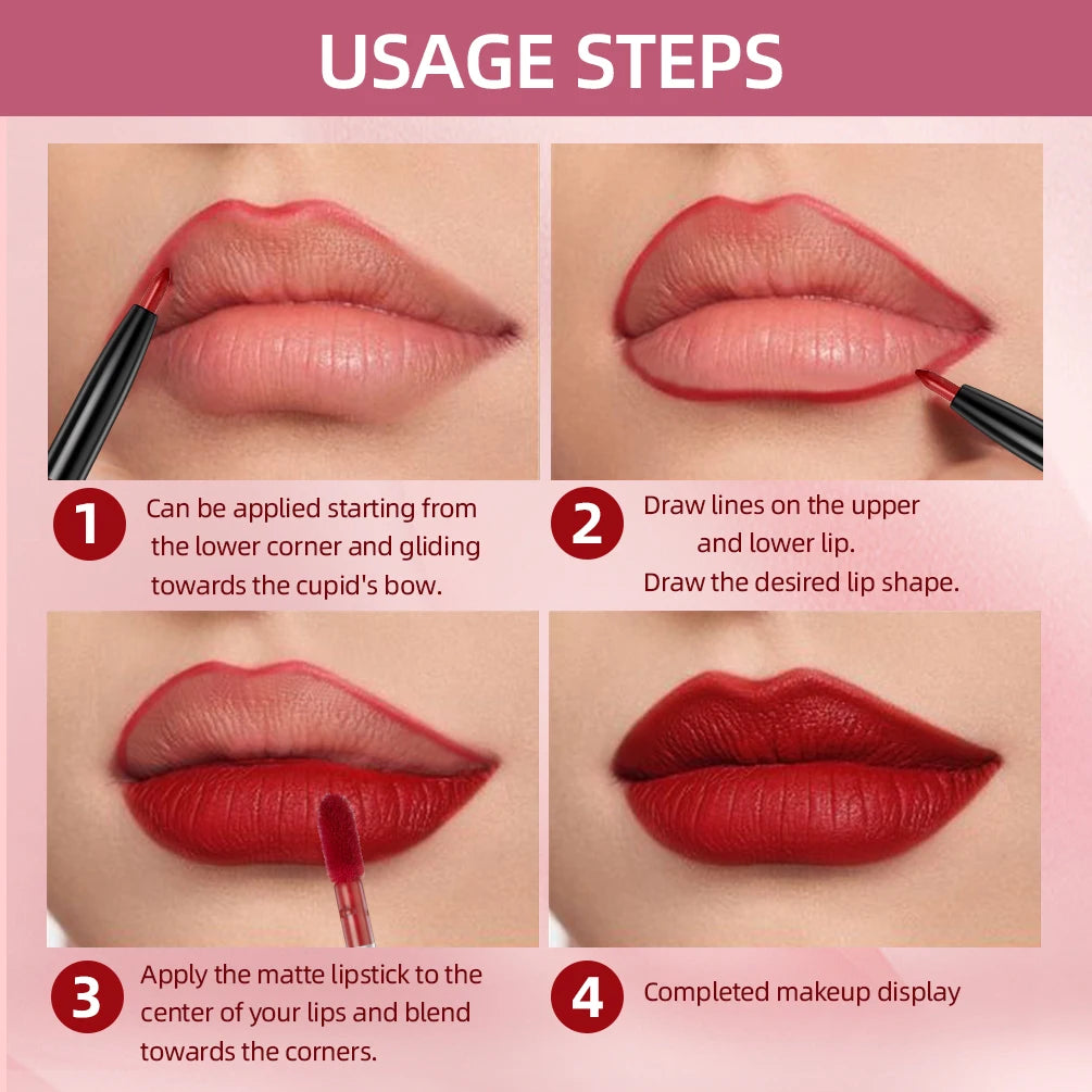 QIBEST 2 In 1 Matte Lip liner Lip gloss Waterproof Long Lasting Liquid Lipstick Non-stick Cup Lip Glaze Makeup Lip gloss Cosmetics