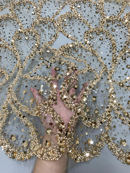 Elegant French Embroidery Heavy Beaded Net Lace Fabric 2024 African Nigerian Tulle Mesh Shiny Sequins Fabric For Wedding Dress