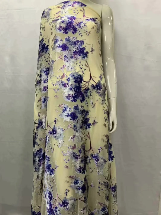 Fashion Soft  Print Satin Silk Fabric With Swiss Voile Lace For Party Lady Dress Sewing Material 5+2 Yards/Set