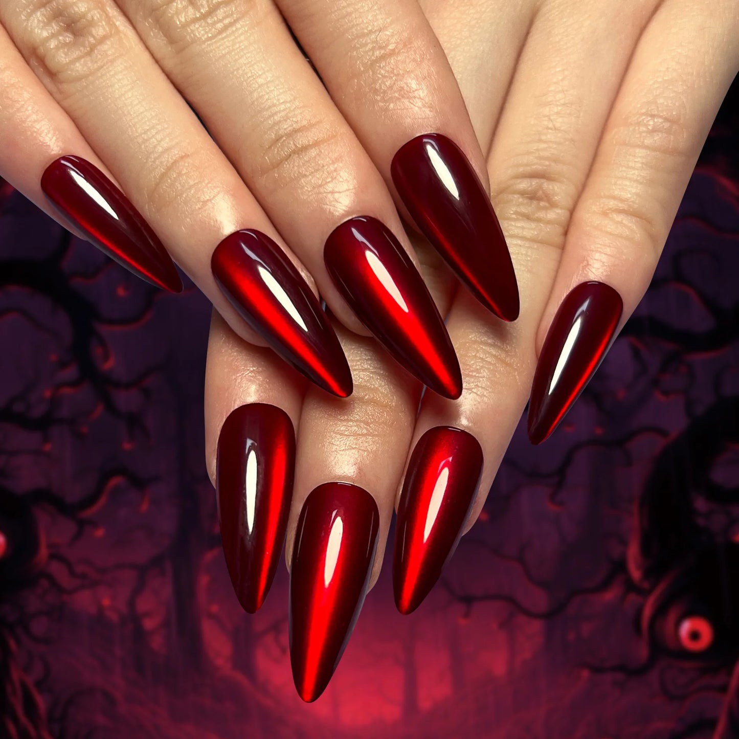 Sparkling Red Cat Eye Solid Color Fake Nail Halloween Fashion Detachable Finished False Nails Press on Nails with Glue