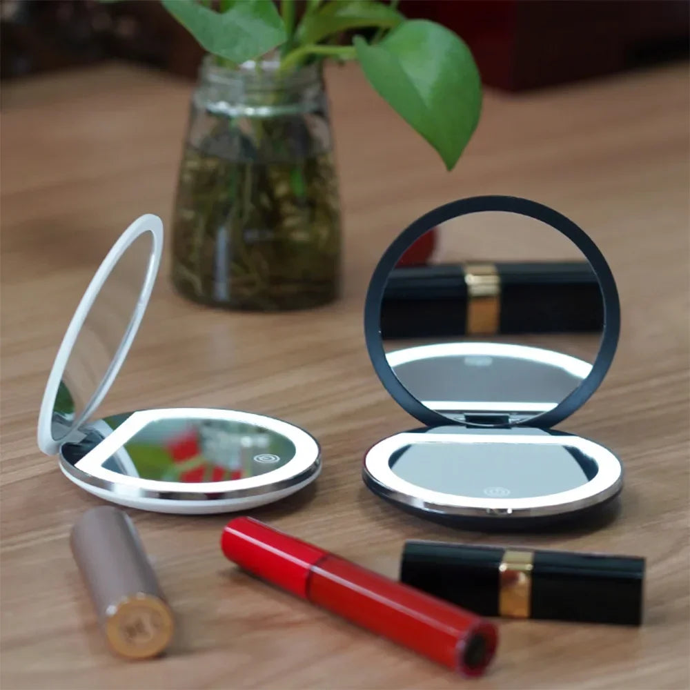 Handheld Pocket Portable Makeup Mirror with LED and Dual Sided Mirror with 5x Magnification and Rechargeability