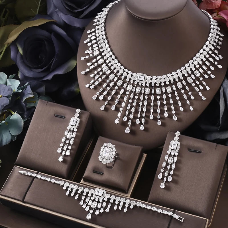 Janekelly 4pcs Bridal Zirconia Full Jewelry Sets For Women Party, Luxury Dubai CZ Crystal Wedding necklace sets