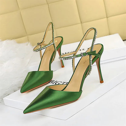 Soft Silk Pointy Toe Women Sandals Summer Crystal Buckle Fashion High Heels for occasions  Shoes Party Woman Pumps